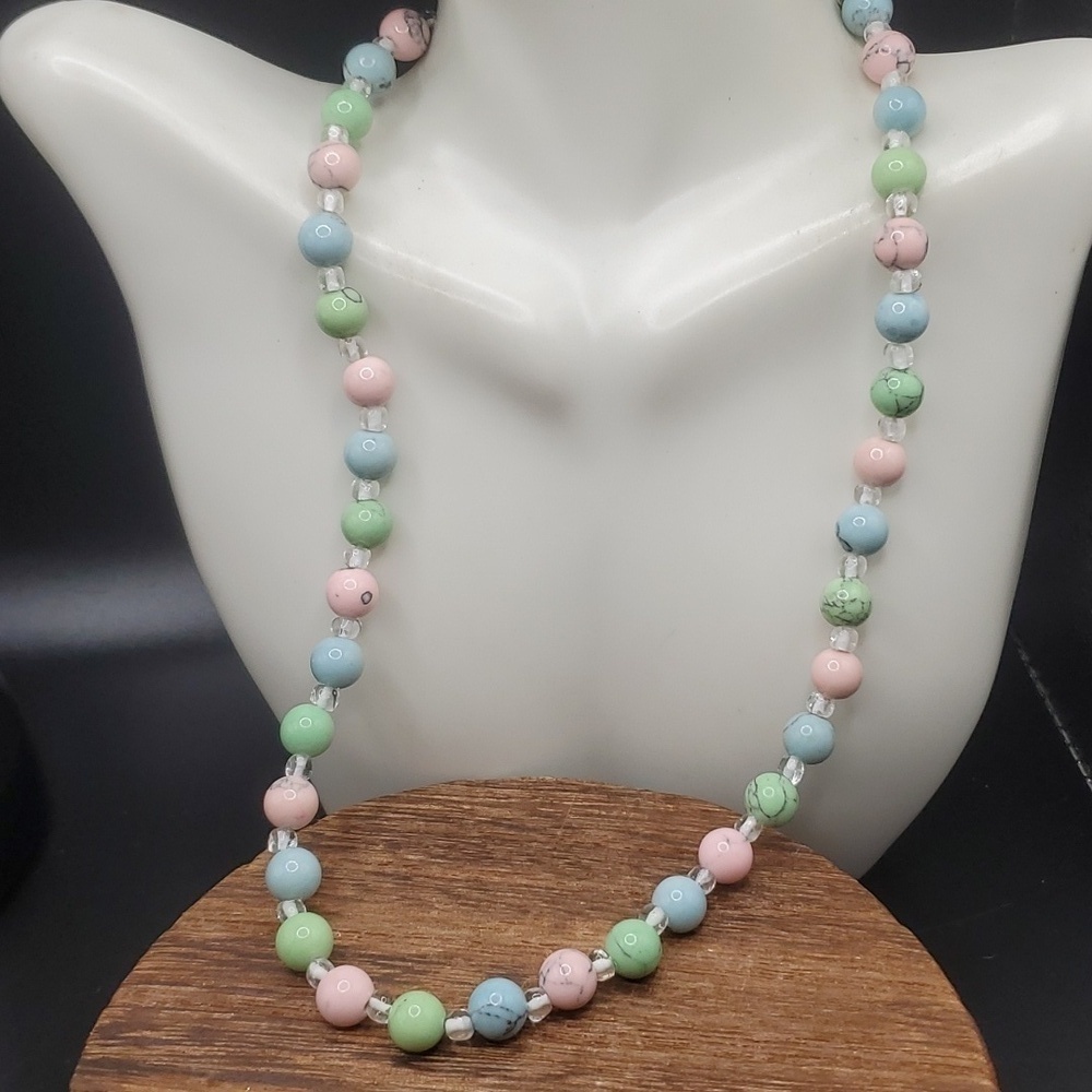 N2737 pastel turquoise hand crafted tea time necklace elegant feminine Easter